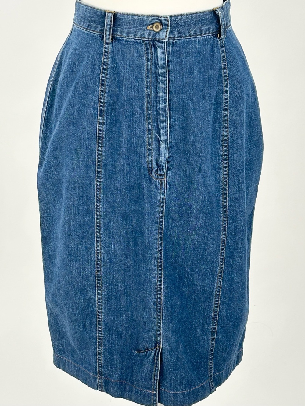 Vintage Laura Ashley Denim Midi Skirt USA 6 High Waist Made Hong Kong